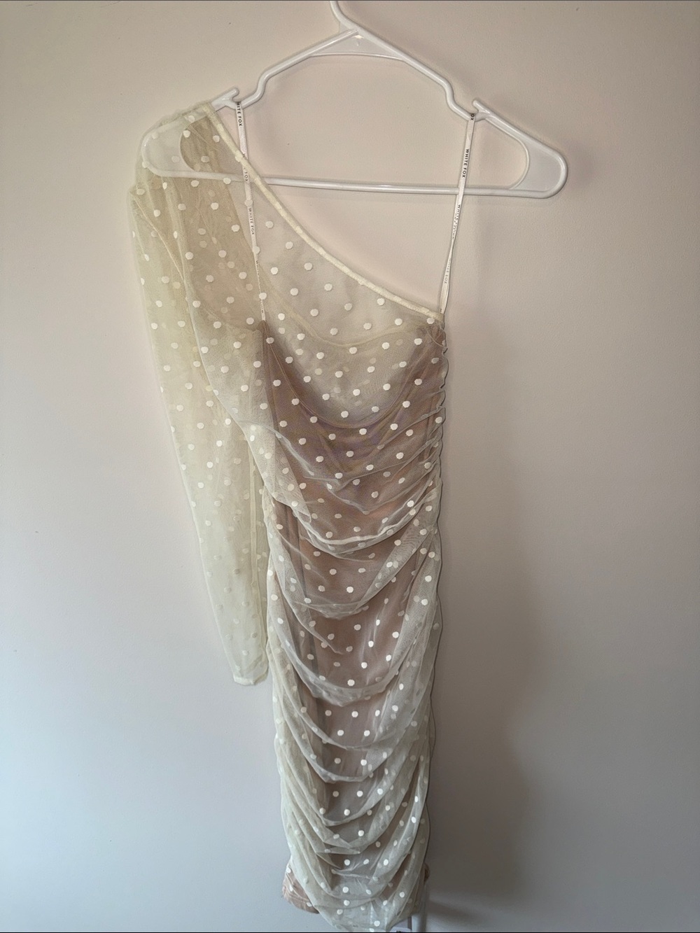 One-Shoulder Polka Dot Sheer Overlay Dress in Ivory